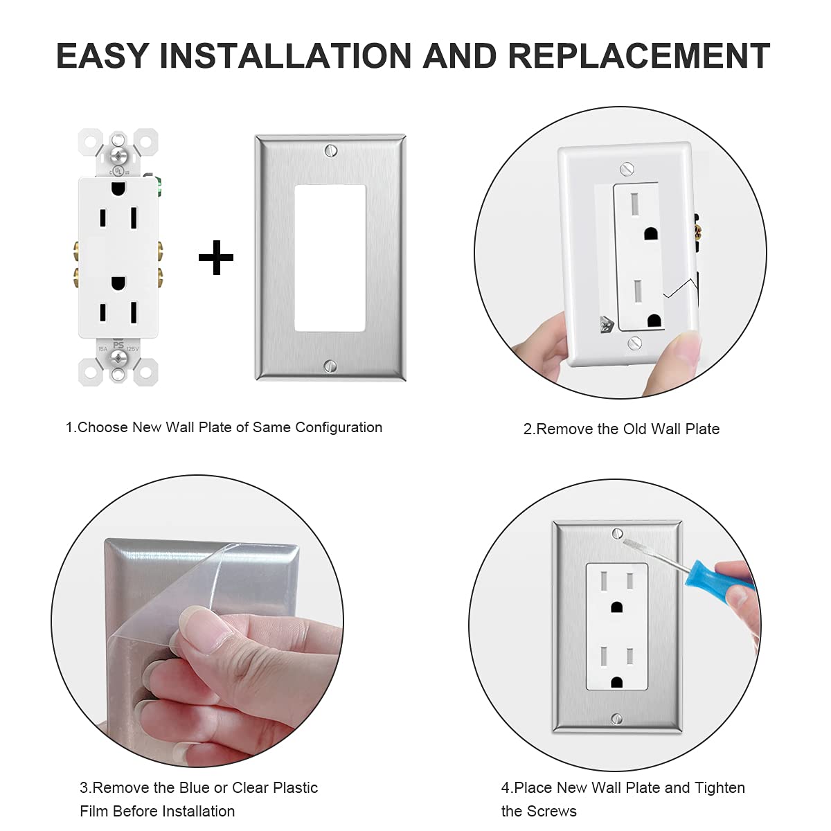 Paquete de 20 placas de cubierta de enchufe de metal para interruptor de pared, 1 banda de acero inoxidable para interruptores de luz, atenuadores, GFCI, receptáculo, salida USB