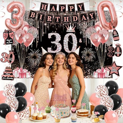 30th Birthday Decorations for Women, 50pcs Rose Gold Black 30th Birthday Decorations for Her with Banner Crown Sash Backdrop Cake Topper Balloons Hanging Swirl for 30 Years Old Birthday Party Supplies by EcjoyHub - Image 2