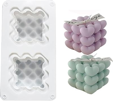2 Cavity Heart Bubble Cube Silicone Candle Mold, DIY 3D Geometric Bubble Mold for Candle Making Resin Soap for Valentines Day Dessert Mousse Cake Jelly Ice Cream Making