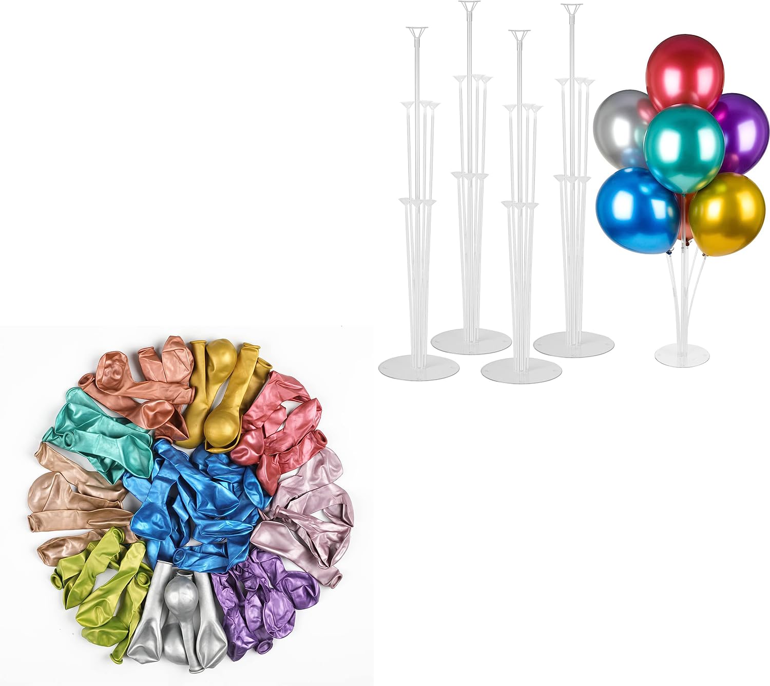 Voircoloria4 Sets Balloon Stand Kits with 105pcs Metallic Balloons, Balloon Sticks Holder with Base for Table Graduation Birthday Baby Shower Gender Reveal Party Decorations
