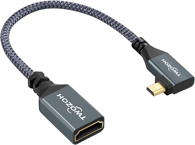 Twozoh Left Angled Micro HDMI to HDMI Adapter Cable, Nylon Braided 90°Degree Micro HDMI Male to HDMI Female Cord (Type D to Type A) Support 4K/3D