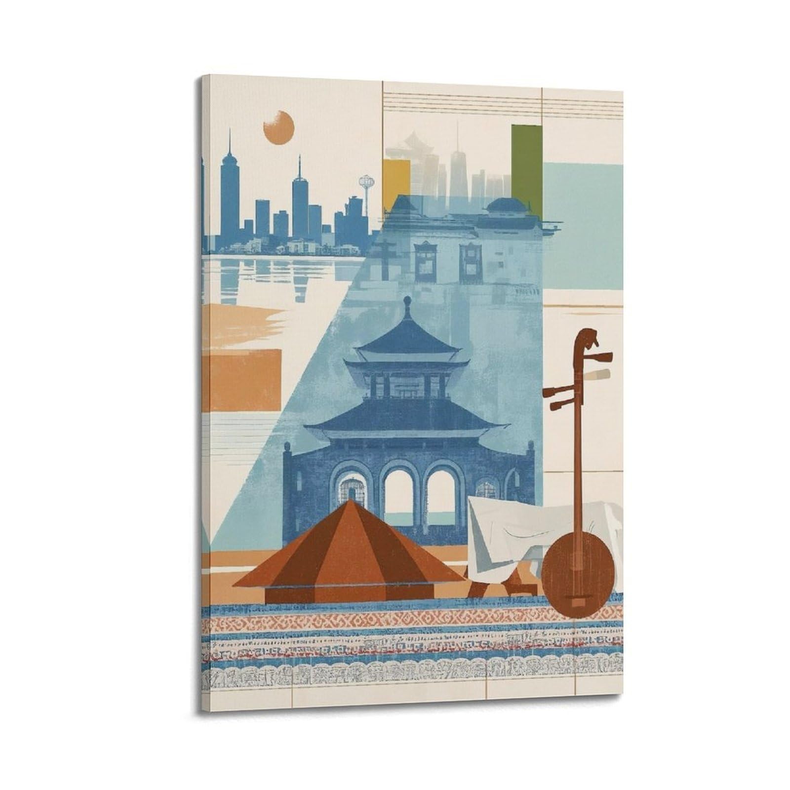 XKUGA City Travel Pagoda Chinese Xinjiang Poster Skyline Modern Decorative Canvas Prints - Ideal Wall Art for Family, Man Cave, Game Room, Boys & Girls Bedroom 24x36inch(60x90cm)