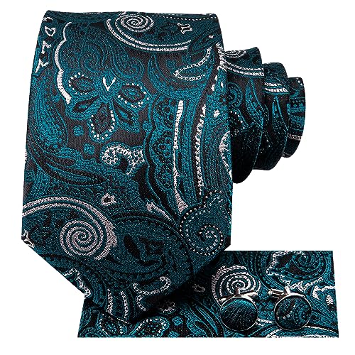 Image of Hi-Tie Paisley Floral Ties Set for Men Silk Mens Stripes Necktie Pocket Square Cufflinks Set Formal Business