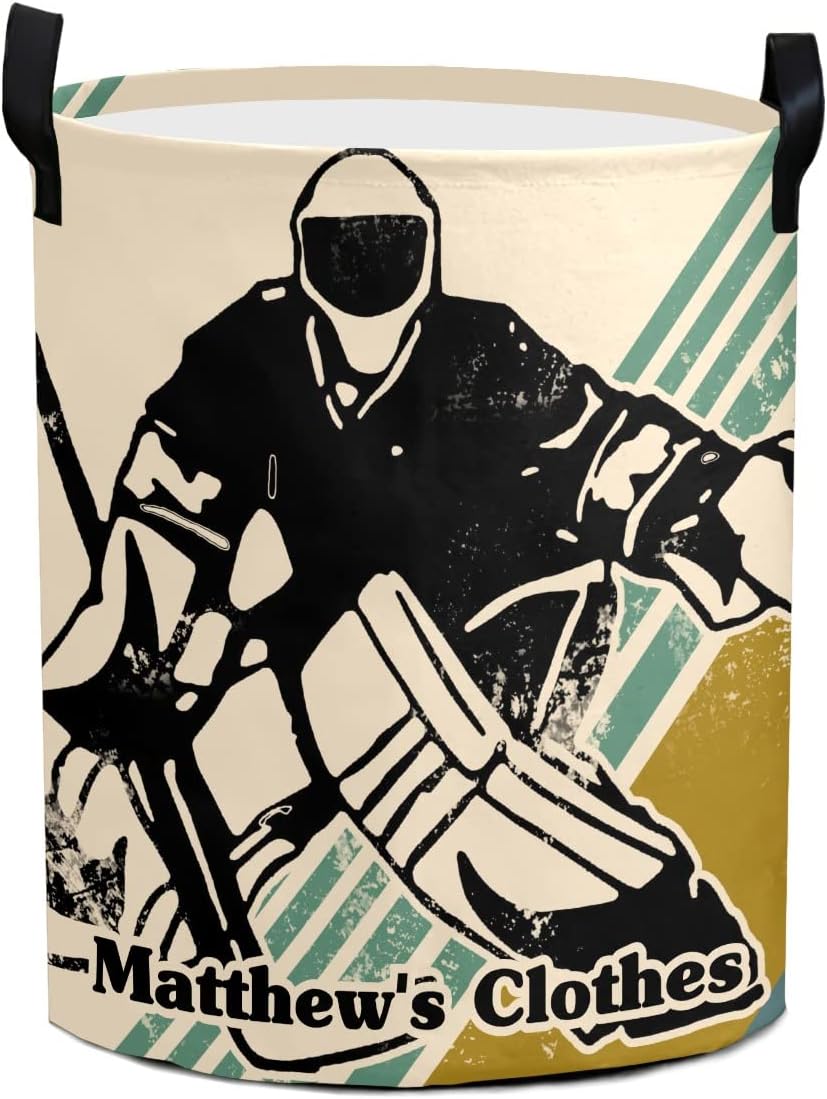 Ice Hockey Personalized Laundry Basket Clothes Hamper with Handles Waterproof,Collapsible Laundry Storage Baskets for Bathroom,Bedroom Decorative 19.7"Hx14.2"D