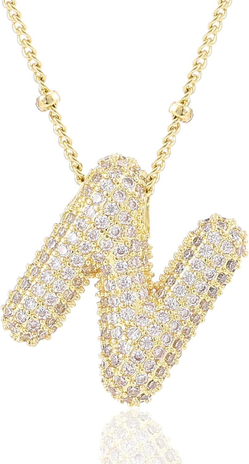 CCINPPY Letter Necklace, 14k Gold Plated Bubble Balloon Dainty Necklace for Women, Chunky Initial Charm Pendant Name Necklace Personalized