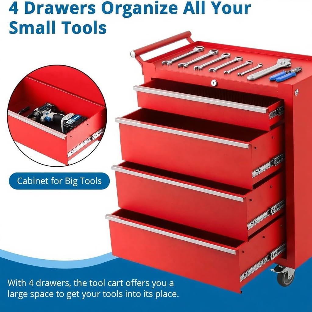Rolling Tool Chest with 4 Drawers – Heavy Duty Metal Storage Cabinet with Locking System, Global Lockable Wheels & Drawer Liners – Mobile Toolbox Organizer for Garage, Workshop – Color: