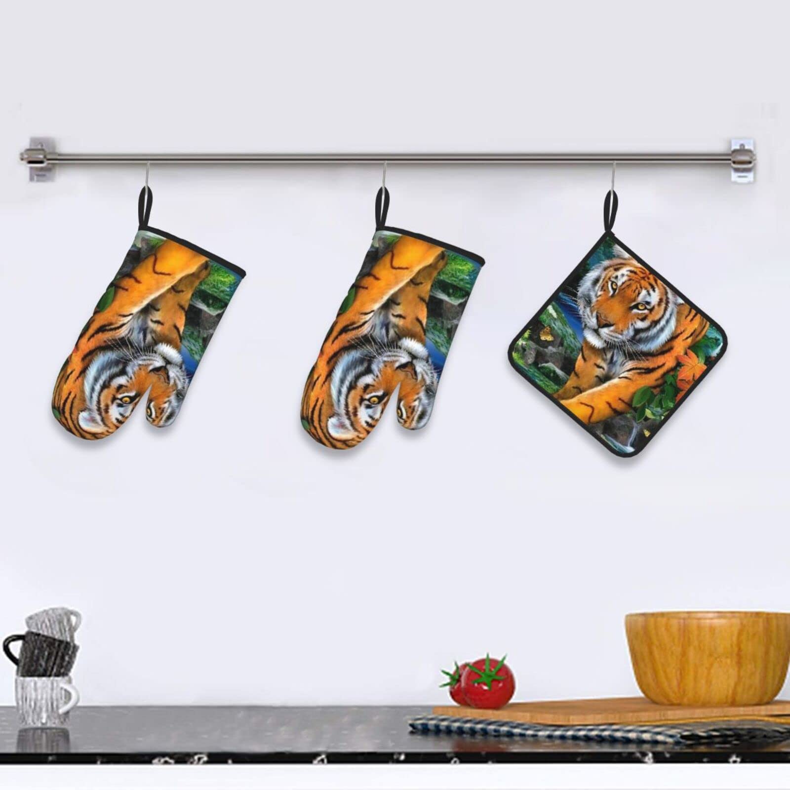Lot De 3 Gants De Cuisine Et Manique - Motif Tigre Floral - Résistants à La Chaleur Jusqu'à 250°C - Antidérapants