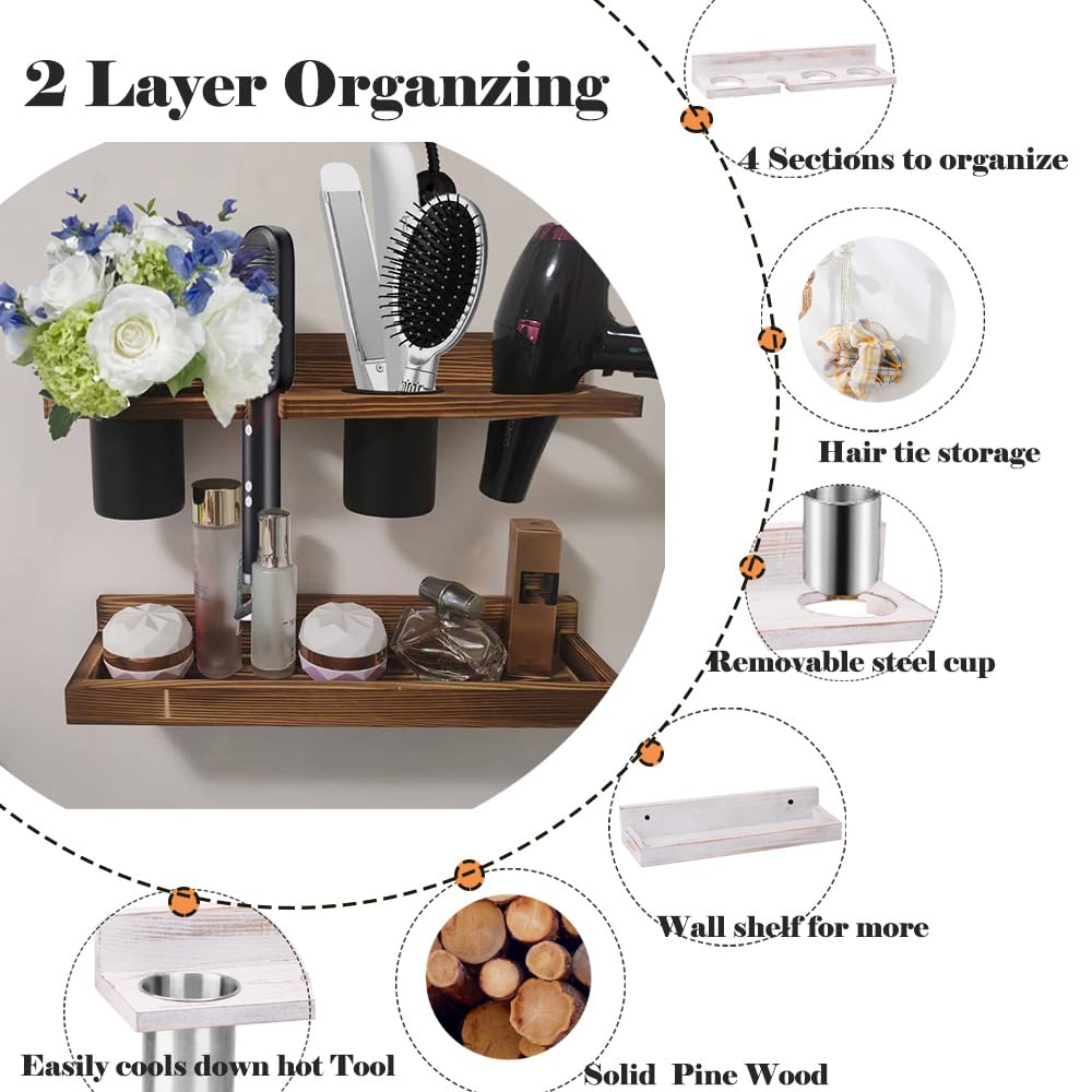 Wooden 2-Tier Wall-Mounted Hair Tool Organizer with Heat Resistance - Ideal for Hair Dryer, Flat Iron, Curling Wand, Brushes & More - Rustic Style with Free Self-Adhesive Headband Holder