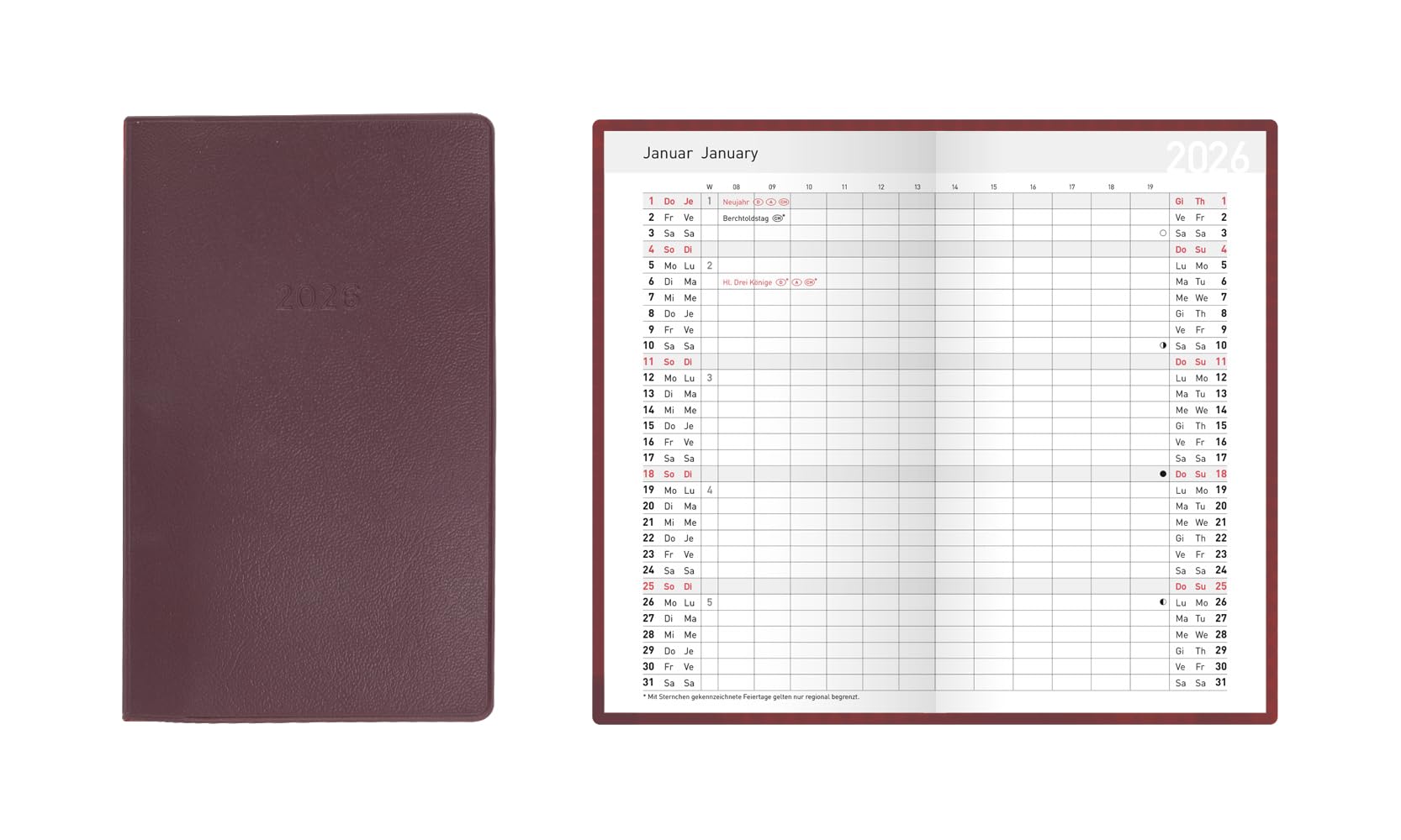 Idena 12048 Pocket Diary 2026 8.7 x 15.3 cm, 1 Month on 2 Pages, Diary with Flexible Cover in Burgundy and Address Book