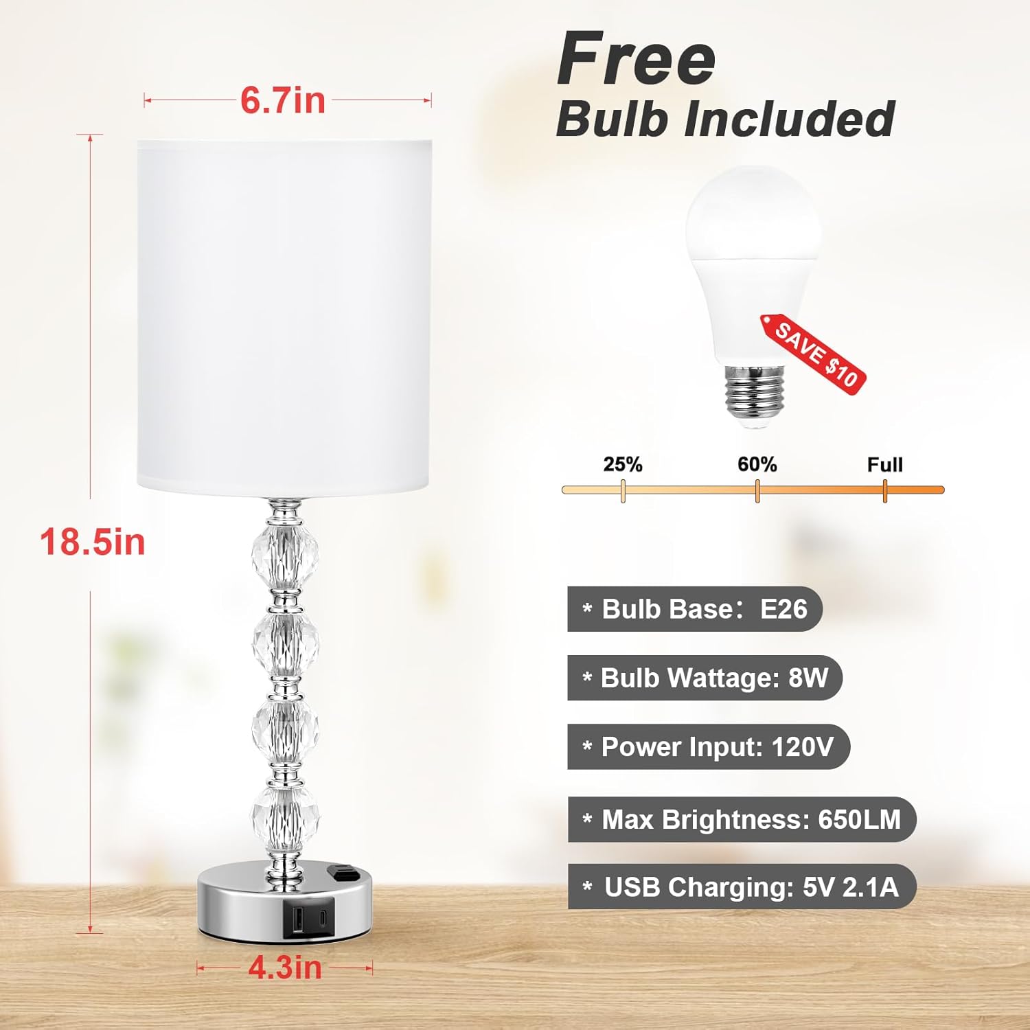 Acaxin Touch Bedside Crystal Lamps for Bedrooms Nightstand with USB C+A Charging Port and AC Outlet White, 3 Way Dimmable Silver Large End Side Table Lamp for Living/Guest/Dinning Room/Kitchen