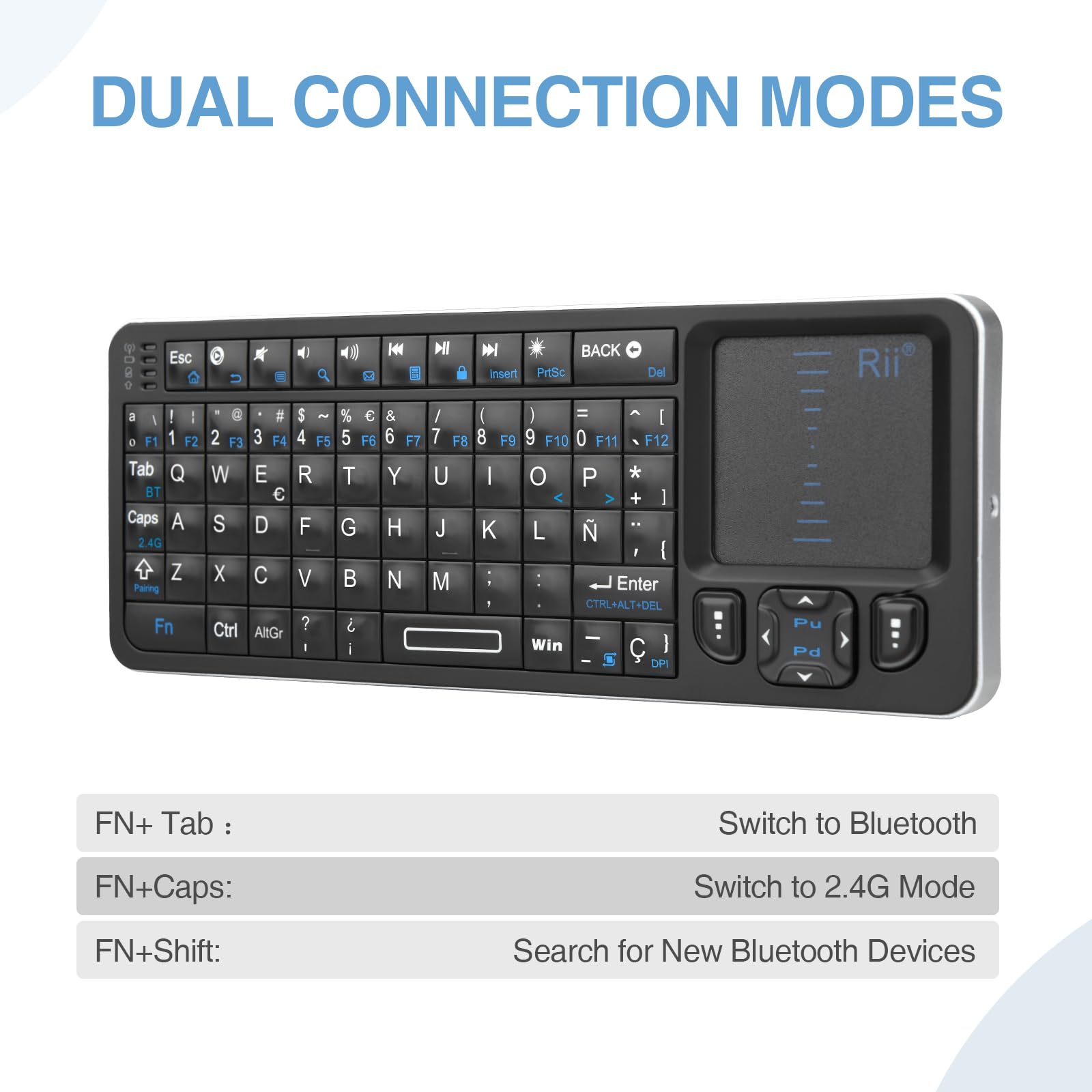 Rii K06 Mini Teclado Inalámbrico Retroiluminado, 2 Modos de Conectividad, con Aprendizaje IR, Portátil Ligero con Touchpad Compatible con Android TV Box, Mac, Windows (Versión Bluetooth y 2.4G)