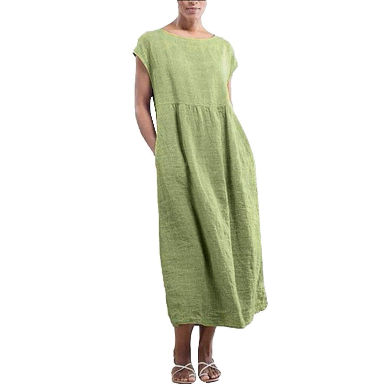 NUSGEAR 2024 Vestidos Corto Mujer Algodón y Lino Vestido Verano Basico Casual Vestidos Talla Grande Cuello Redondo Vestidos Color sólido Elegante Vestido Manga Corta Vestido Cómodo Playa