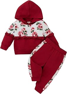 Roupas para bebês recém-nascidos, crianças, meninos e meninas, roupas esportivas casuais com estampa floral, manga comprida, blusa com capuz e cintura elástica, conjunto de roupas de roupa características: roupa de outono para meninas tamanho 8 bebê menina (vermelho, 3-6 meses)