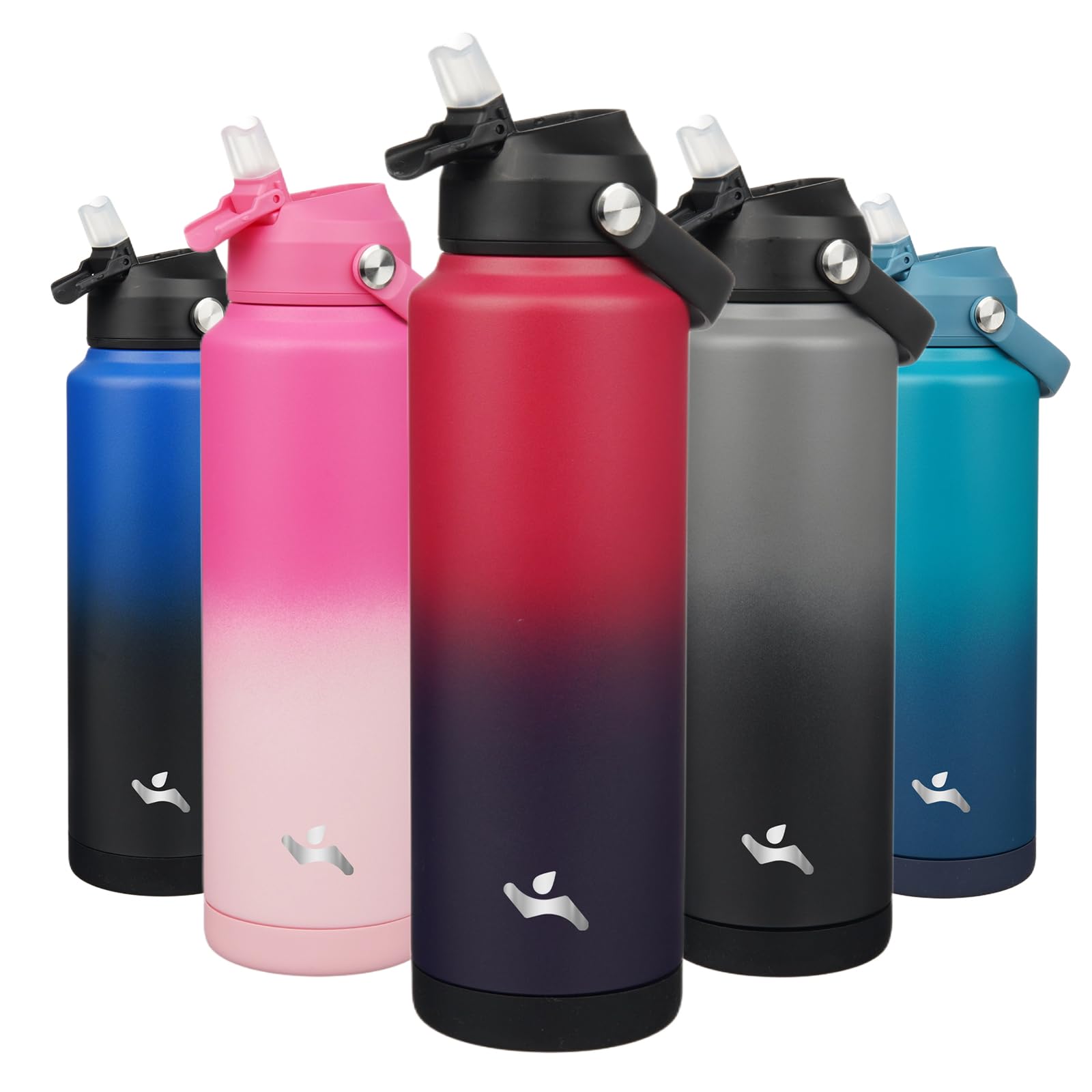 Konokyo Insulated Water Bottle with Straw Lid,40 oz Stainless Steel Vacuum Metal Bottle with Silicone Handle,Rosy Red