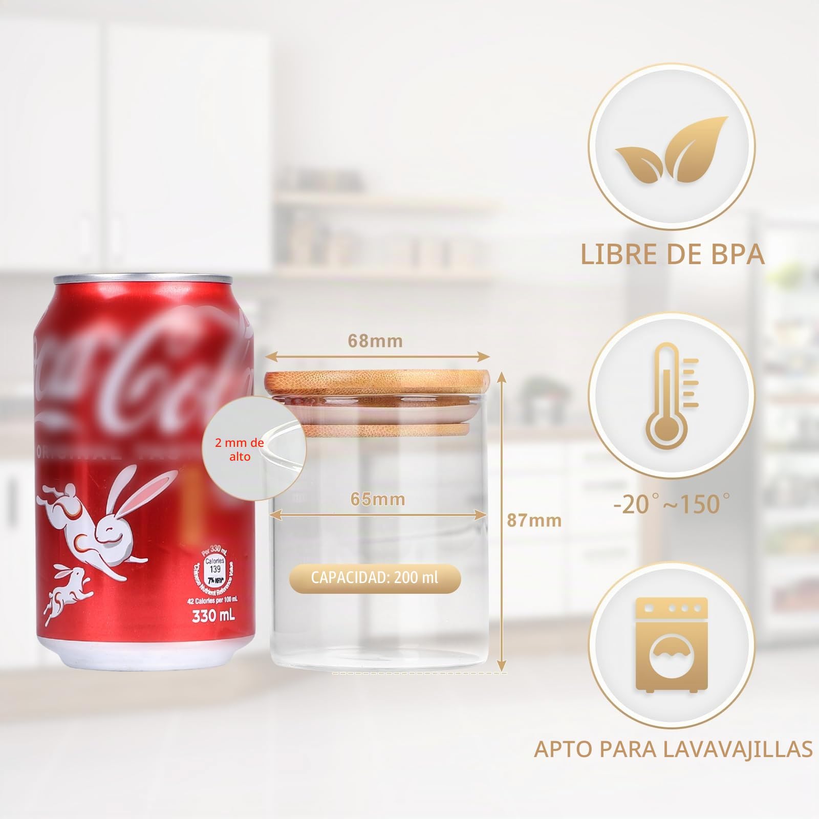 efuturetime Juego de 10 Botes Cocina Almacenaje Cristal, 200ml, Tarros Cristal Hermética con Tapa de Bambú, φ6.5 * 8.8cm, Tarros de Cocina de Vidrio con Etiqueta para Cereales Nueces Polvo