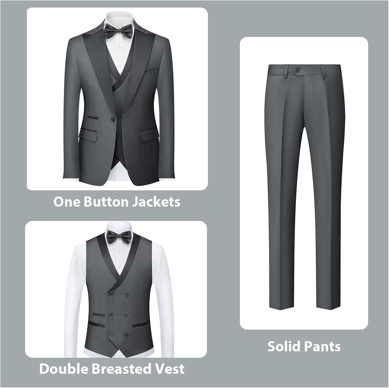 Rogers & Morris Tuxedo Suits for Men Solid 3 Piece Slim FitFormal Set Peak Lapels One Button Jacket Vest Pants - Image 2