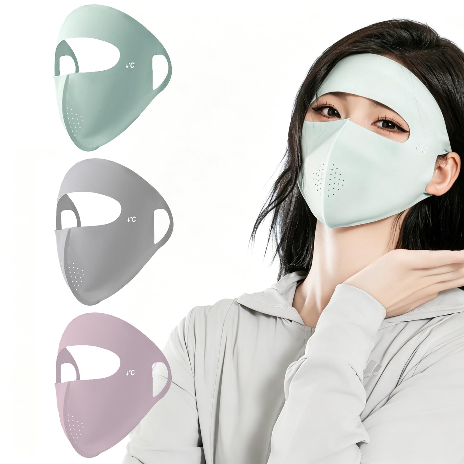 3Pcs UPF 50+ Full Face Sun Protection Mask for Women, Ice Silk Cooling UV Cover, Reusable Lightweight Face Shield for Biking Hiking Driving-image-1