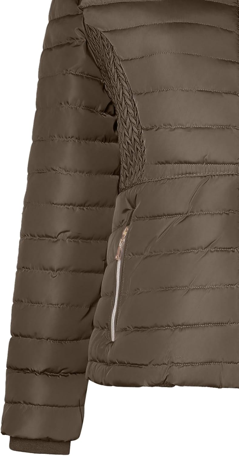 BodiLove Women's Everyday Warm Winter Quilted Puffer Short Coat High Collar Jacket with Removable Faux Fur Hood Zipper Vegan Leather Piping Water Resistant Wind Blocker Olive L - Image 5