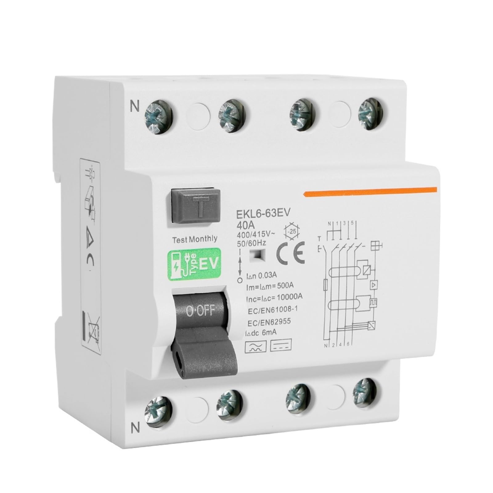 Disyuntores diferenciales RCCB tipo 2P 4P RCD 40A 63A 30ma EKL6-63EV 10KA Riel DIN(EKL6-63EV-1N4030AD6)