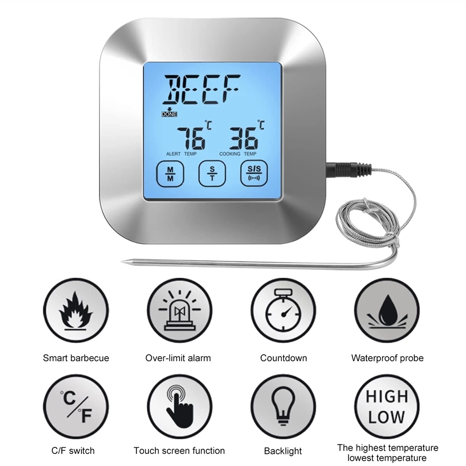 Termometro di cottura, termometro del barbecue del touch controllo con la sonda dell'acciaio inossidabile del supporto del magnete retroilluminato per il fumatore Grill Forno BBQ