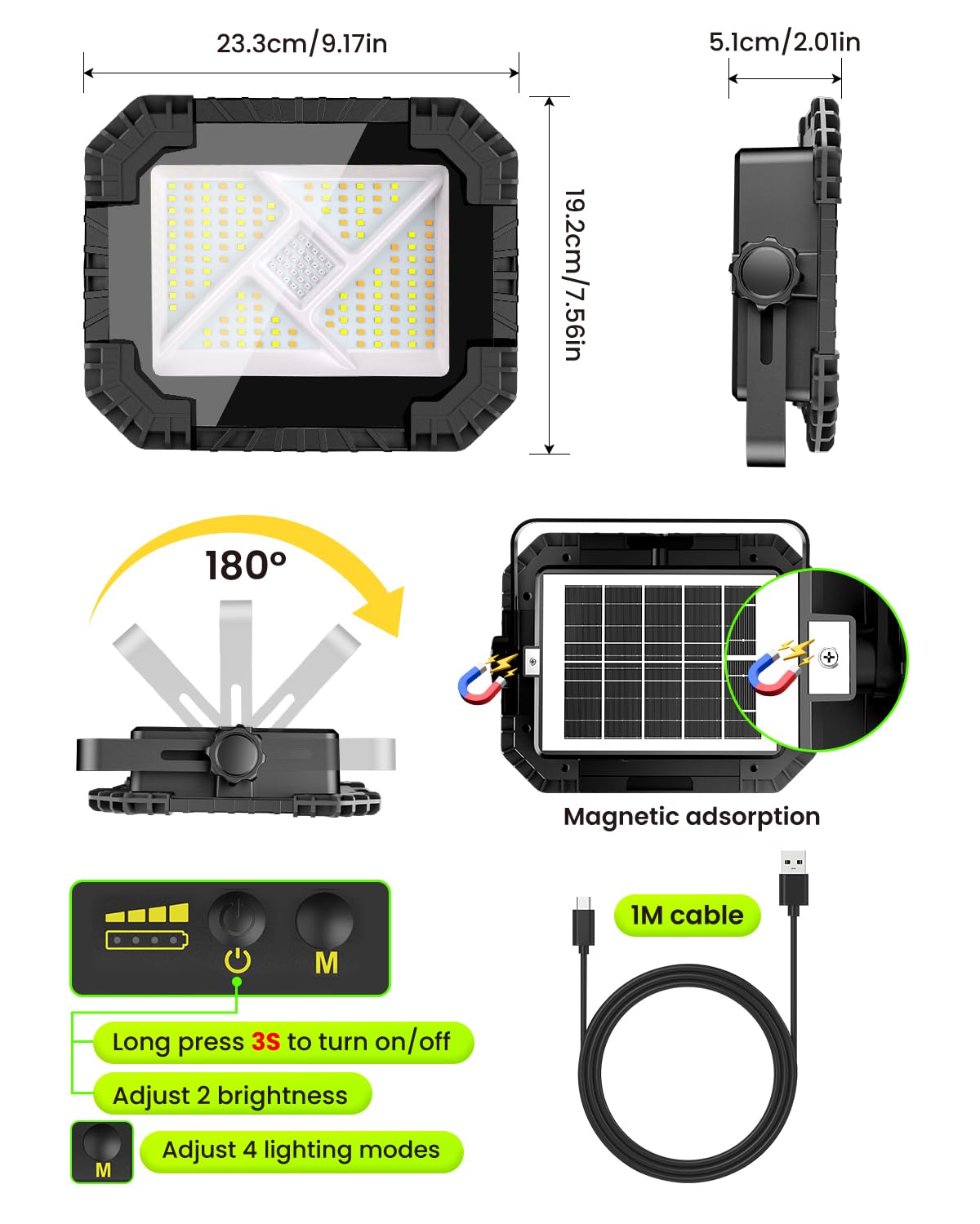 CLV Reflektor Akumulatorowy LED 200W 20000MAh Przenośna Lampa Robocza LED | 4 Tryby Świecenia Reflektor Budowlany 2 Poziomy Jasności Lampa Kempingowa, Solarna Akumulatorowa Ładowana Przez USB, IP66