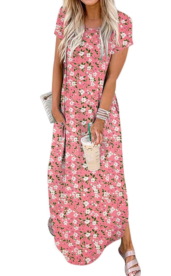 Jeqeocafy Women Summer Long Sundress Crewneck Short Sleeve Maxi Dress 2026 Casual Loose Beach Dress with Pockets