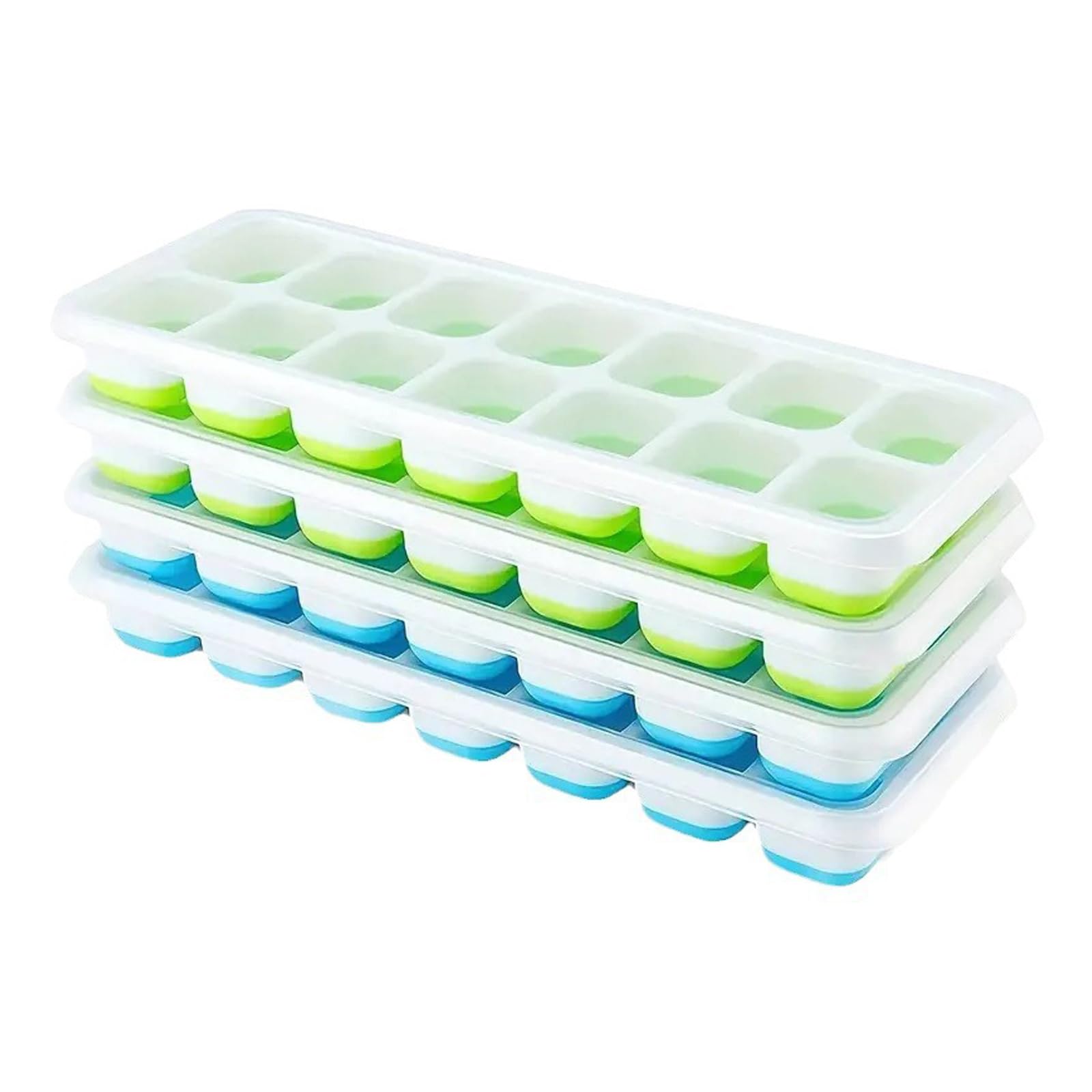 SuperAuriga Silicone Ice Cube Mold 14 Square Silicone Soft Bottom Ice Mold with Cover and Easy Demolding Ice Maker, Suitable for Soup, Food, Cocktails, Coffee (2 Blue, 2 Green)