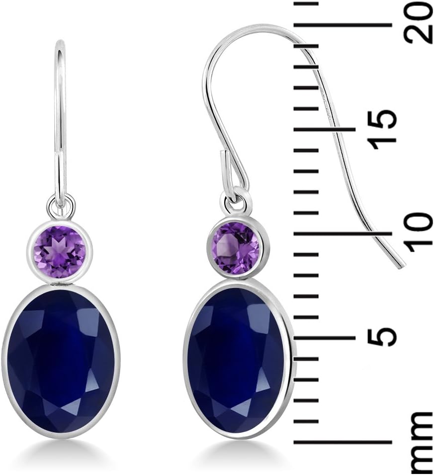 Gem Stone King 14K White Gold Blue Sapphire and Purple Amethyst Hook French Fish Ear Wire Dangle Earrings For Women (3.78 Cttw, Gemstone September Birthstone, Oval 8X6MM, Round 3MM)
