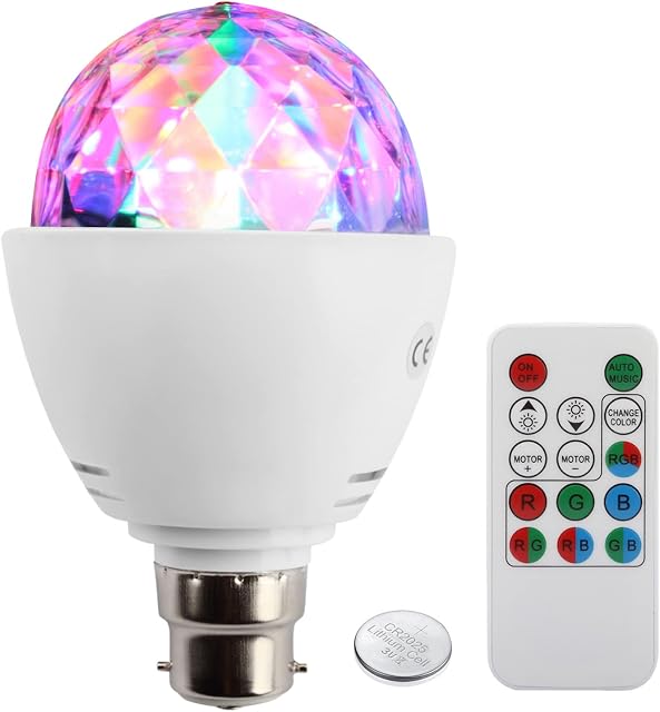 TSSS 3W B22 Bayonet Disco Ball Light Lamp RGB Rotating LED Strobe Party Bulb Stage Light for Family Party,Birthday,Festival,Transforms Room Decoration with Remote Control