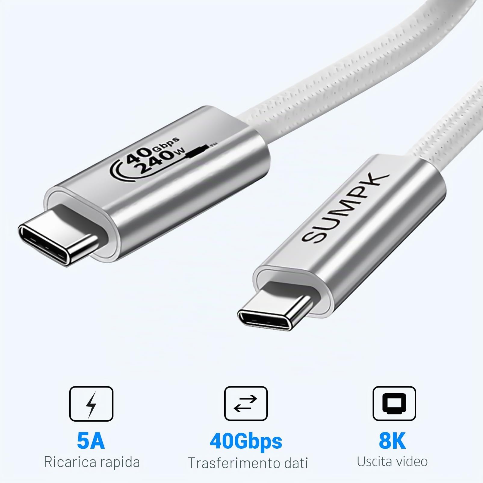 240W USB C cavo 6.6FT, cavo USB4 con trasferimento dati ad alta velocità 40Gbps, singolo display 8K/doppio 4k compatibile per Thunderbolt 4/3 monitor/hub/docking station, iPhone 15 Pro Max