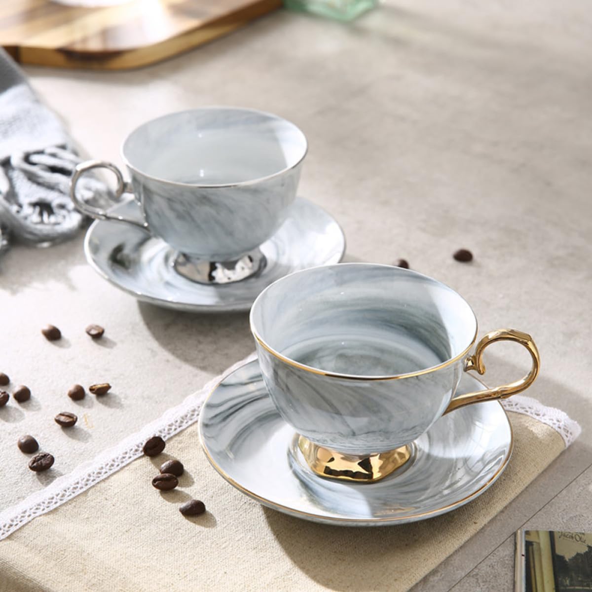 Juego de Taza y Platillo de Cerámica 250ml con Diseño Mármol Nórdico | Tazas Cafe con Plato, para Leche, Zumo, Café, Té, Chocolate Caliente, Agua y Otras Bebidas