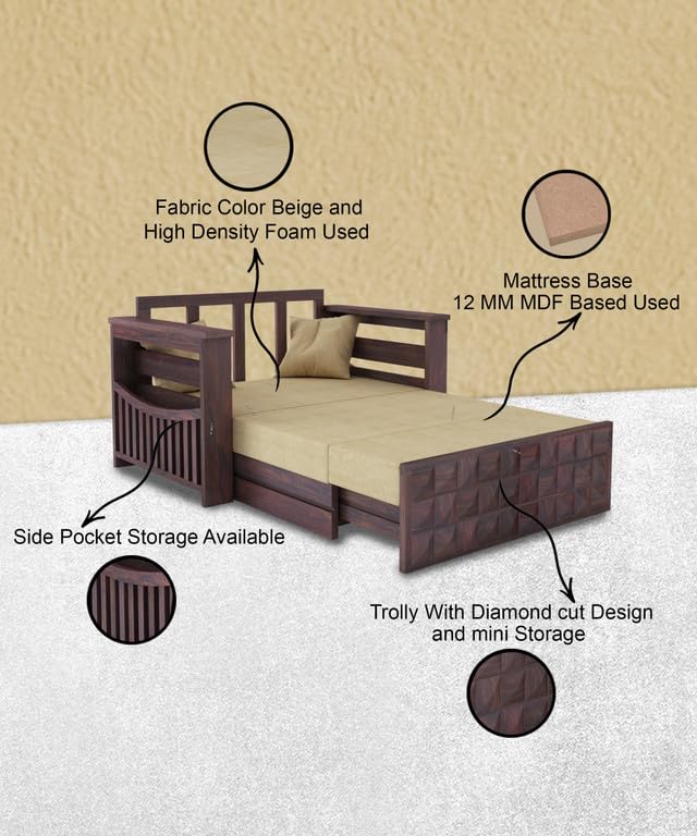Image of Solid Sheesham Wood Sofa Cum Bed 2 Seater | Wooden Foldable Double Bed for Living Room with Headboard & Storage | Bed Cum Sofa with Mattress for Home | Diamond Design (Walnut Finish)