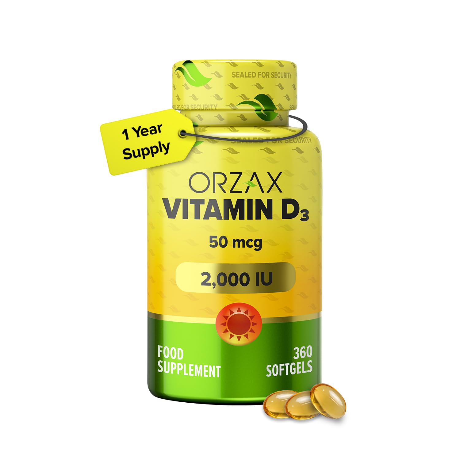 ORZAX Vitamin D3 2000 iu (50 mcg) - 1 Year Supply for Strong Muscle Function and Immune Support - Mood Supplement for Wellness (360 Softgel)