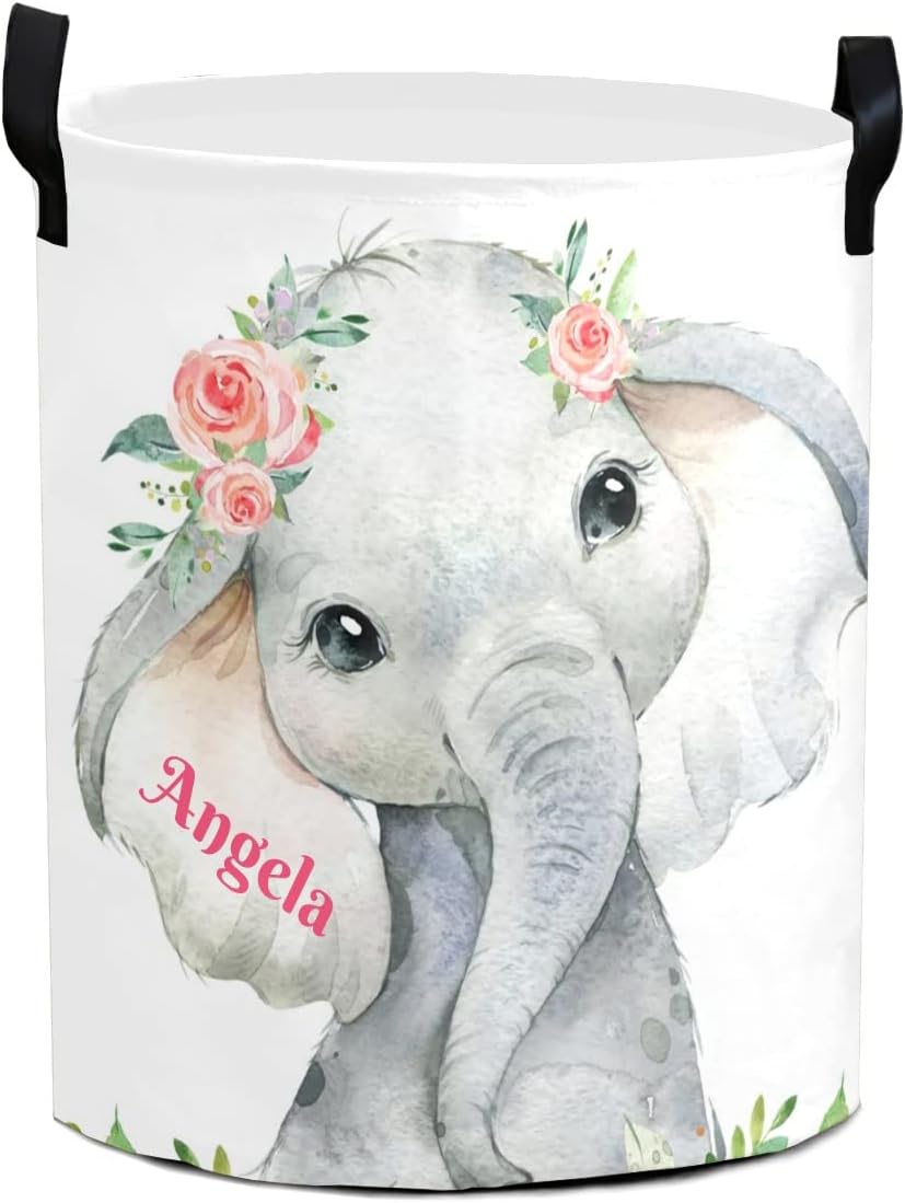 Personalized Custom Pink Floral Elephant Laundry Baskets with Name Collapsible Clothes Storage Basket with Handle for Bathroom Bedroom Kitchen