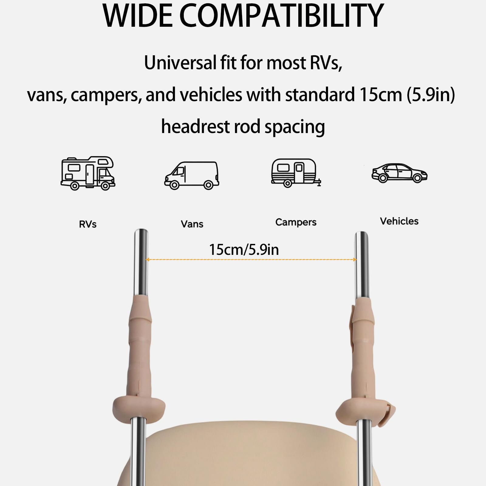 Appui-tête de voiture caché avec tiges en cuir beige ergonomique, compact et réglable, coussin de rechange pour siège de véhicule récréatif, van, SUV, camion, camping-car, confort intérieur