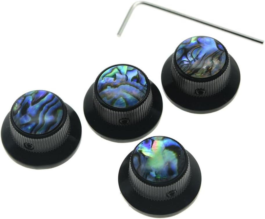 KAISH 4x Abalone Top Black LP Top Hat Knobs with Set Screw Metal Bell Knobs for Guitar Bass with 6mm Shaft Pots
