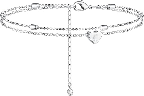 Moodear Valentines Day Gifts for Her Silver Heart Initial A-Z Charm Ankle Bracelets for Women - Waterproof Layered Sterling Silver Anklets Dainty