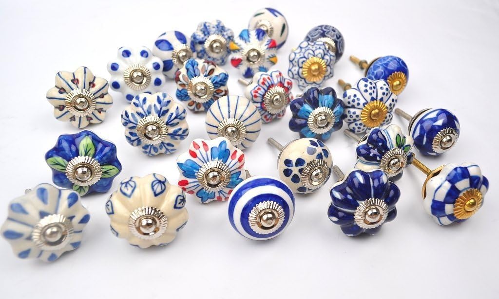 Maithil Art Set Of 25 Blue And White Hand Painted Ceramic Pumpkin Knobs Cabinet Drawer Handles Pulls