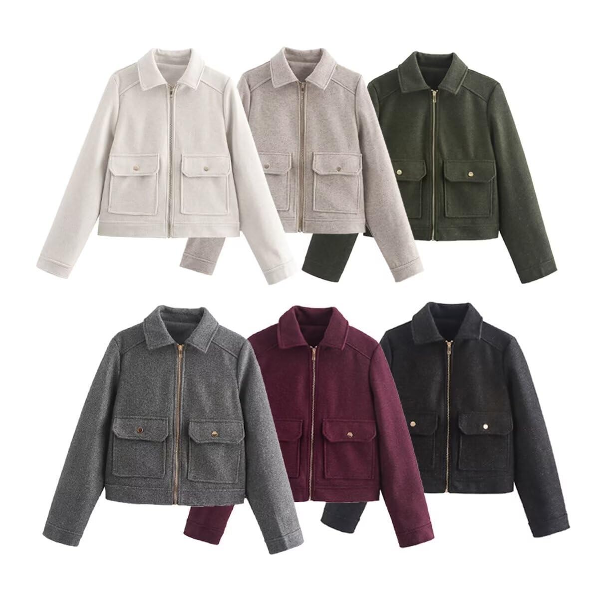 Abrigo De Lana para Mujer, con Cremallera, Gabardina Corta, Abrigo De Mezcla De Lana De Manga Larga, Chaqueta Corta con Cuello De Solapa para Oficina, Abrigo De Invierno Y Otoño con Bolsillos
