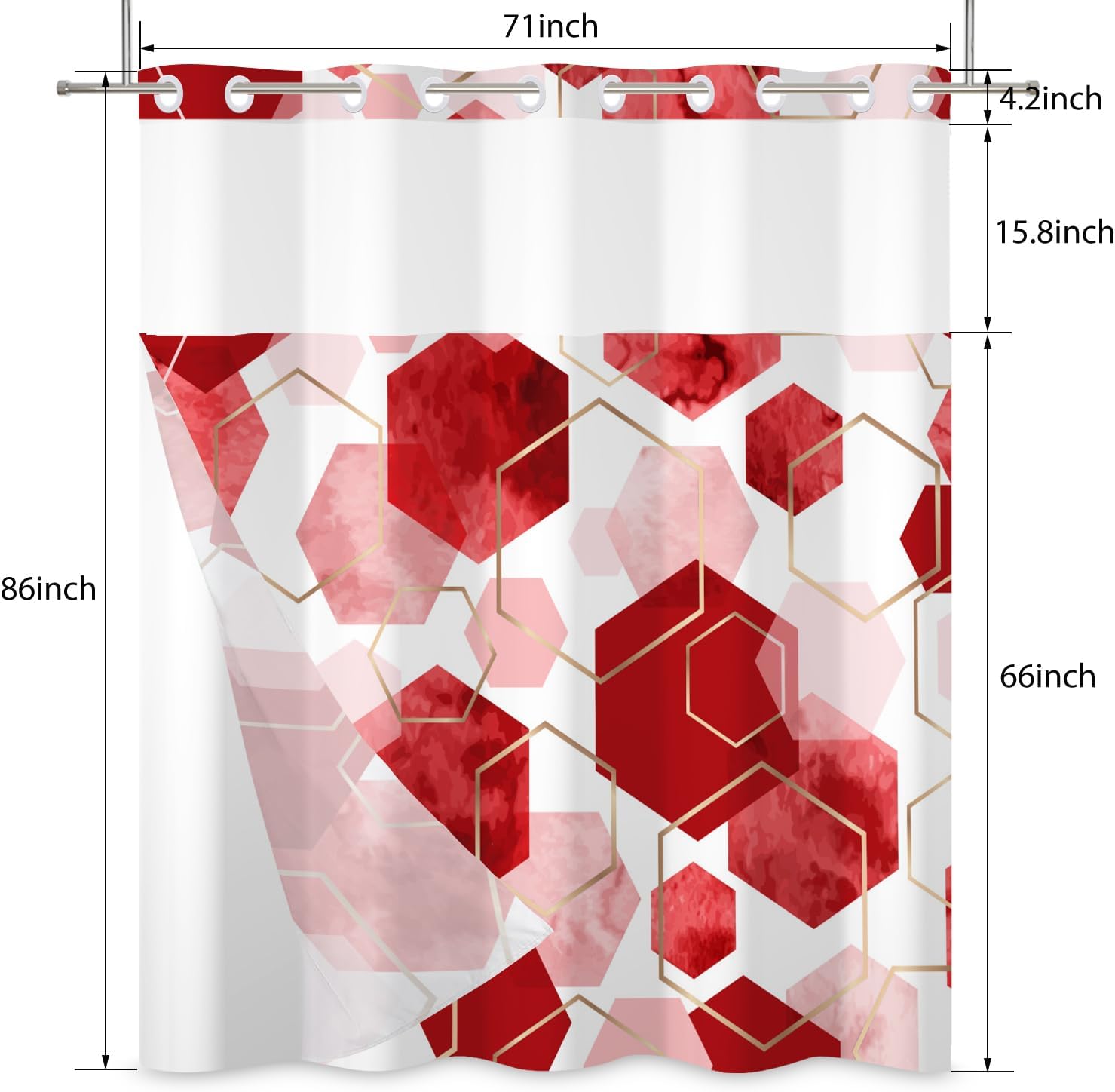 deFouliao Red Shower Curtain with Snap in Liner No Hook Geometric Grid Modern Bathroom Curtain with See Through Mesh Top Window, Fabric Waterproof Inner Liner, 71x86 Inches