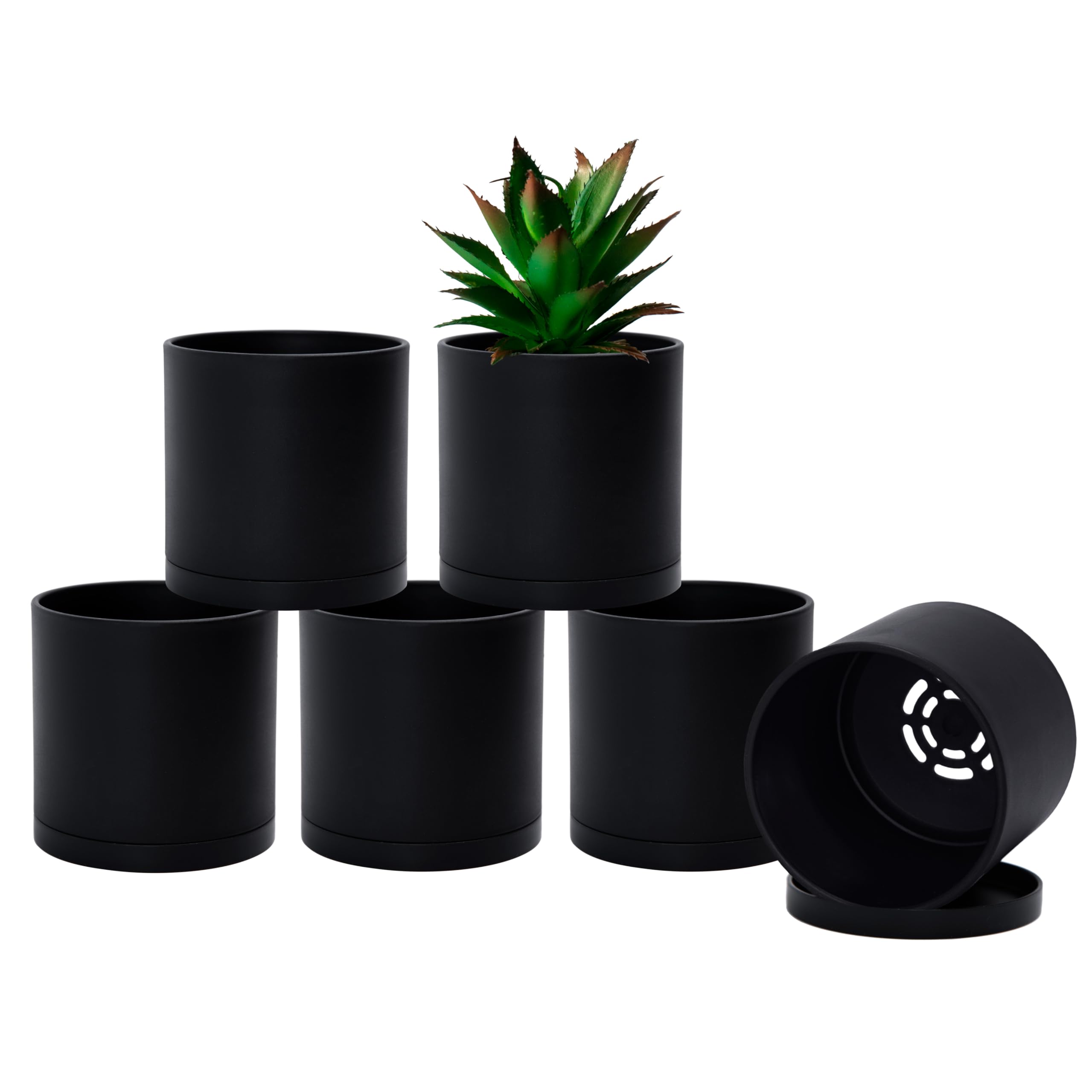 D'vine Dev 6 Pack 4 Inch Modern Plastic Plant Pots, Small Garden Planters for Plant with Drainage Holes and Saucers, Black Color, 74-Y-E-3