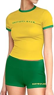 Traje de baño para mujer de pierna larga, traje de dos piezas con estampado de letras y mangas cortas y pantalones cortos en color de contraste Tops para niñas