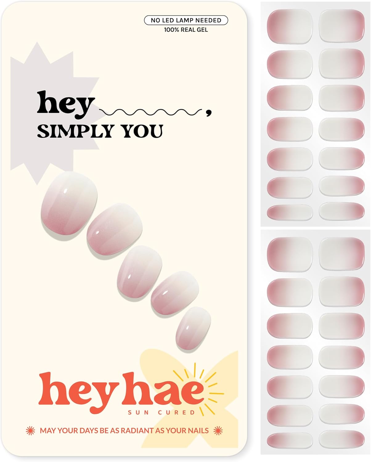 Heyhae Semi Cured Gel Nail Strips | No LED Lamp Needed |Pink, Ombre | Easy Apply & Remove, Salon Quality | Includes 28 Strips, 2 Prep Pads, Nail File & Wooden Stick - Hey, Simply You