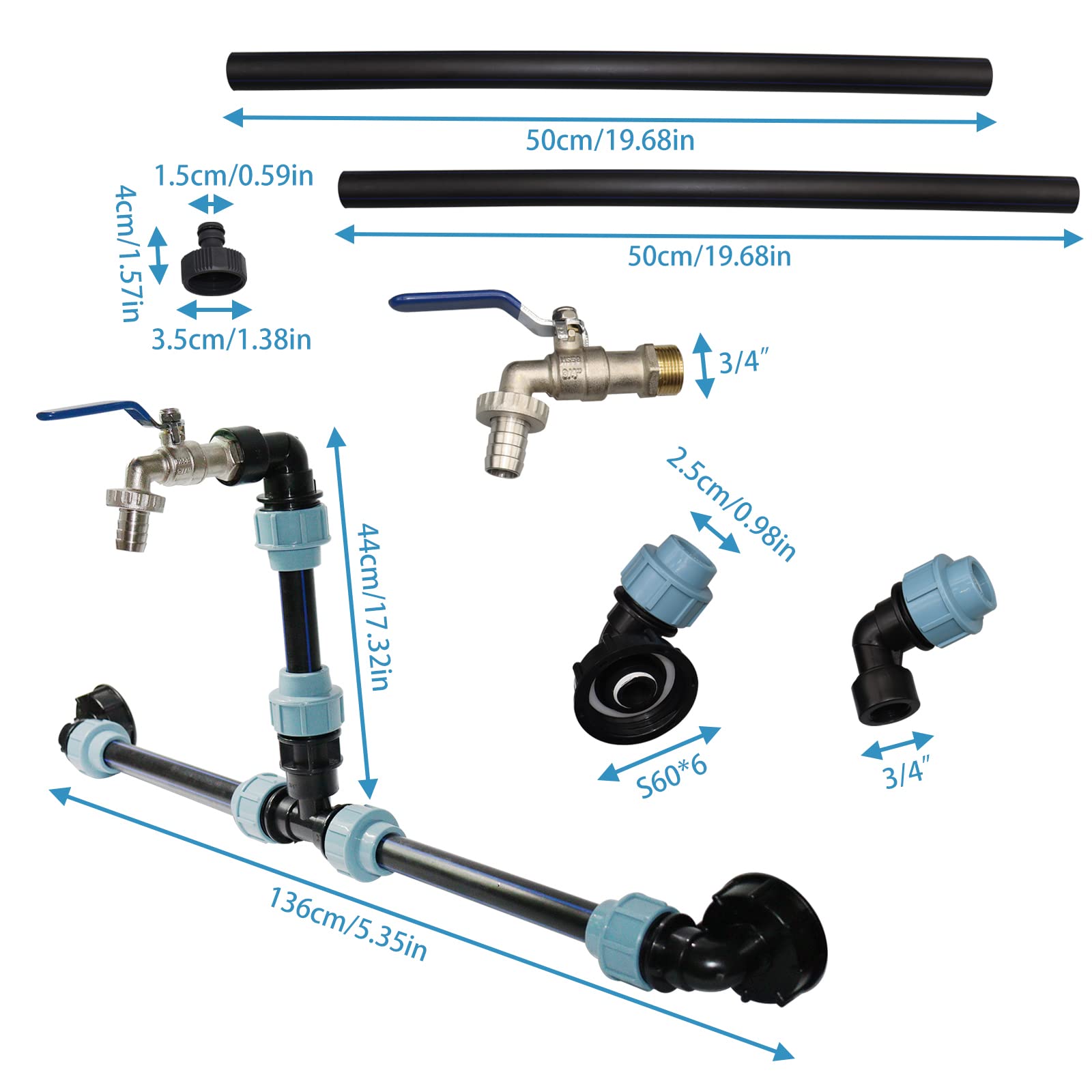 Set Connettore serbatoio IBC o serbatoi di pioggia con rubinetto a collo di cigno da 3/4", uscita con raccordo tubolare, ideale per l'irrigazione del giardino