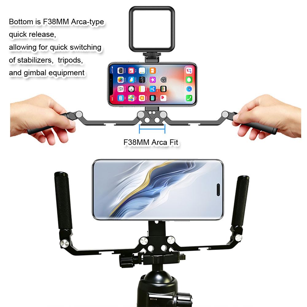 Supporto doppio stabilizzatore in metallo per smartphone, gabbia universale per fotografia per treppiede, morsetto e anello magnetico, supporto per 2 cellulari riprese video verticali e orizzontali