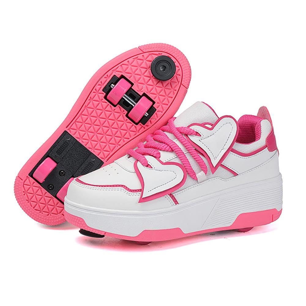 Buty do łyżwiarstwa rolkowego dla chłopców dziewczynek chłopców modne buty sportowe z odpinanymi kołami, trenerzy łyżwiarstwo z 4 chowanymi kołami, czerwone-33 EU