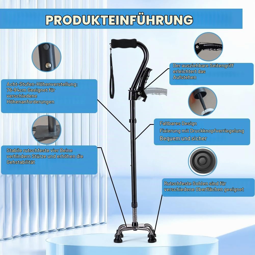 Gehstock mit 4-Punkt-Basis & Doppelgriff, Klappbare & Höhenverstellbarer
