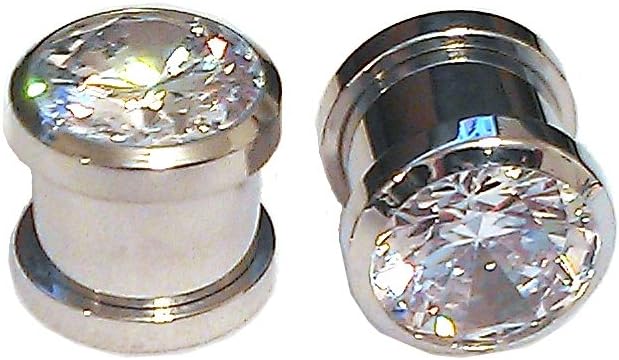 0g Ear Gauges - 1 Pair of 316L Stainless Screw Fit CZ Bling Tunnels Size 0g. CZ Plugs.