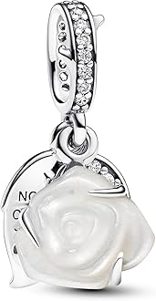 Pandora Moments White rose sterling silver double dangle with white bioresin man-made mother of pearl and clear cubic zirconia