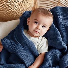 EMME Muslin Baby Blankets 100% Cotton 4-Layer Swaddle 40x50 Lightweight Soft Breathable for Toddler, Infant, Newborn All Season Gauze Blanket, Navy Blue